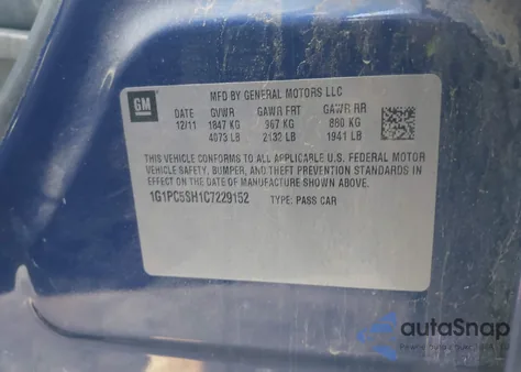 2012 Chevrolet Cruze Ls from USA, damaged, VIN 1G1PC5SH1C7229152